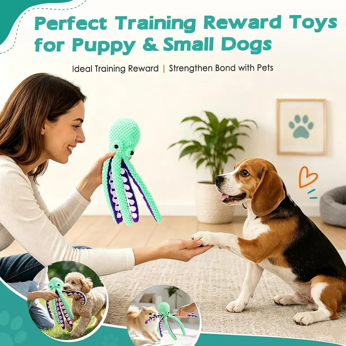 Puppy holding the squeaky octopus dog toy as a training reward