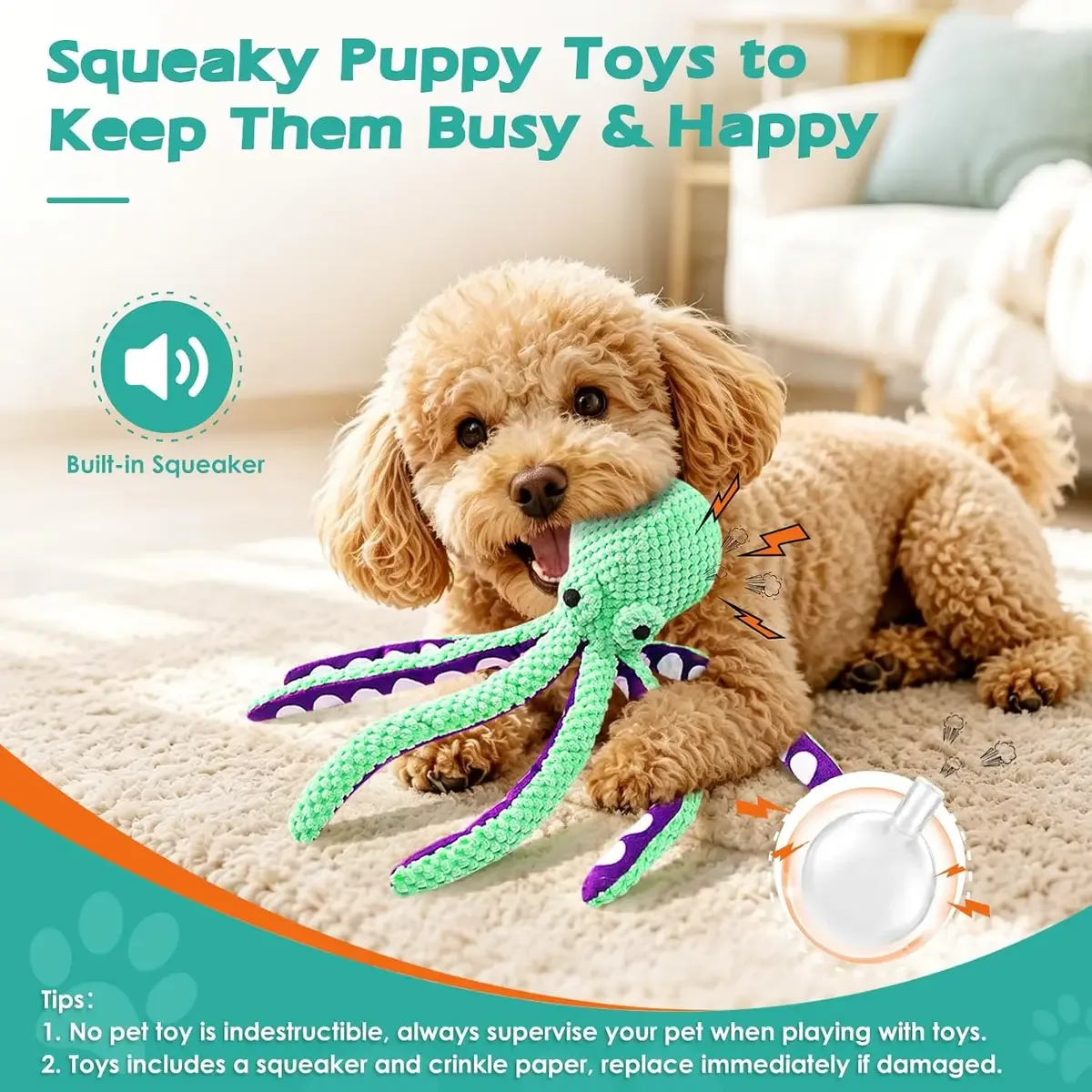 Dog chewing the squeaky octopus dog toy to make it crinkle