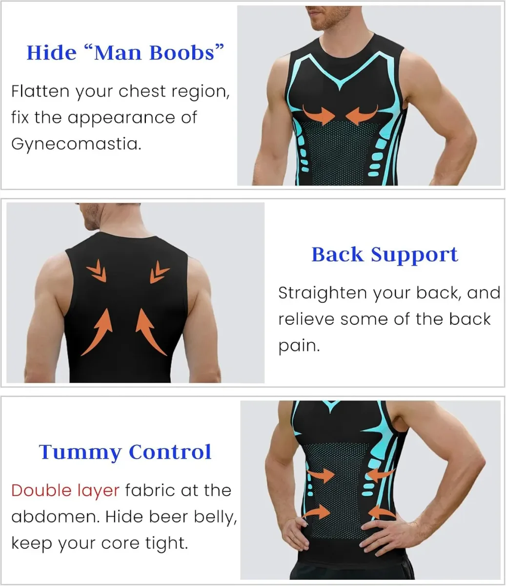 Chest, back and tummy zones of the compression tank top for men