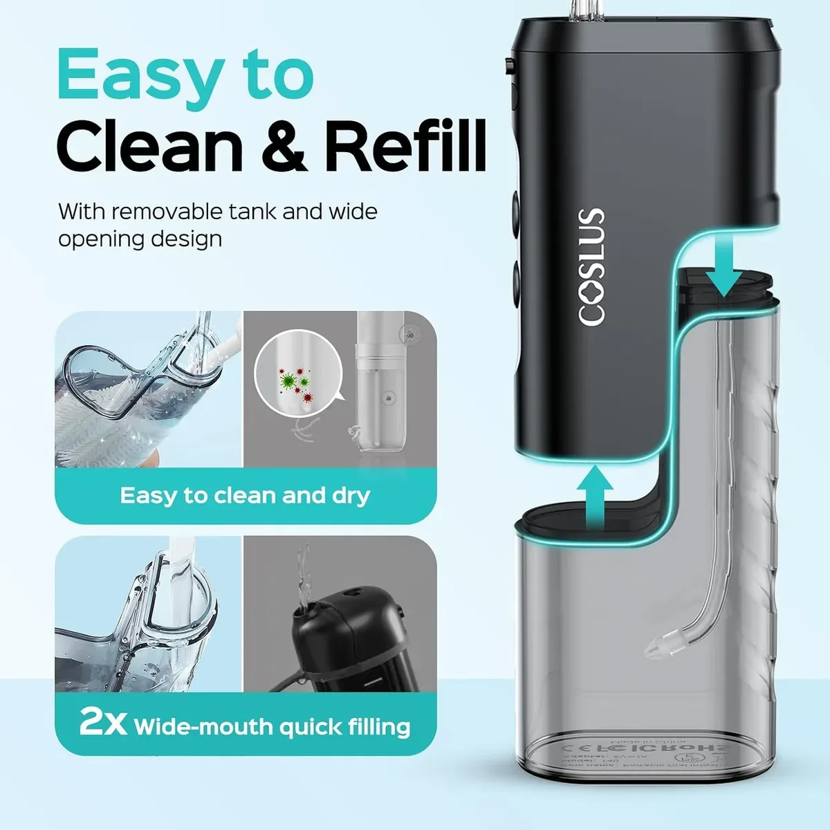 Detachable wide-mouth tank of the travel water flosser