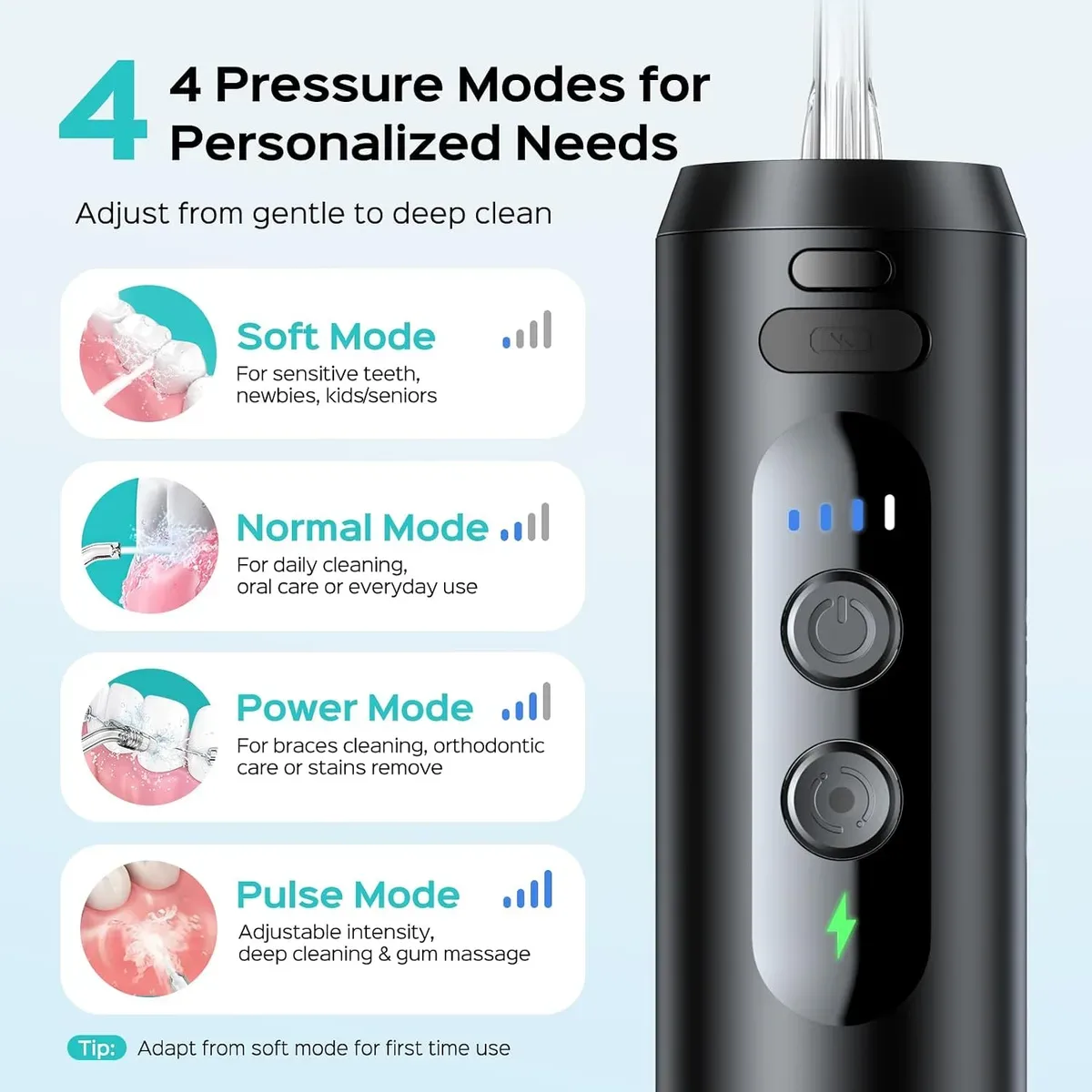 Four pressure modes of the travel water flosser