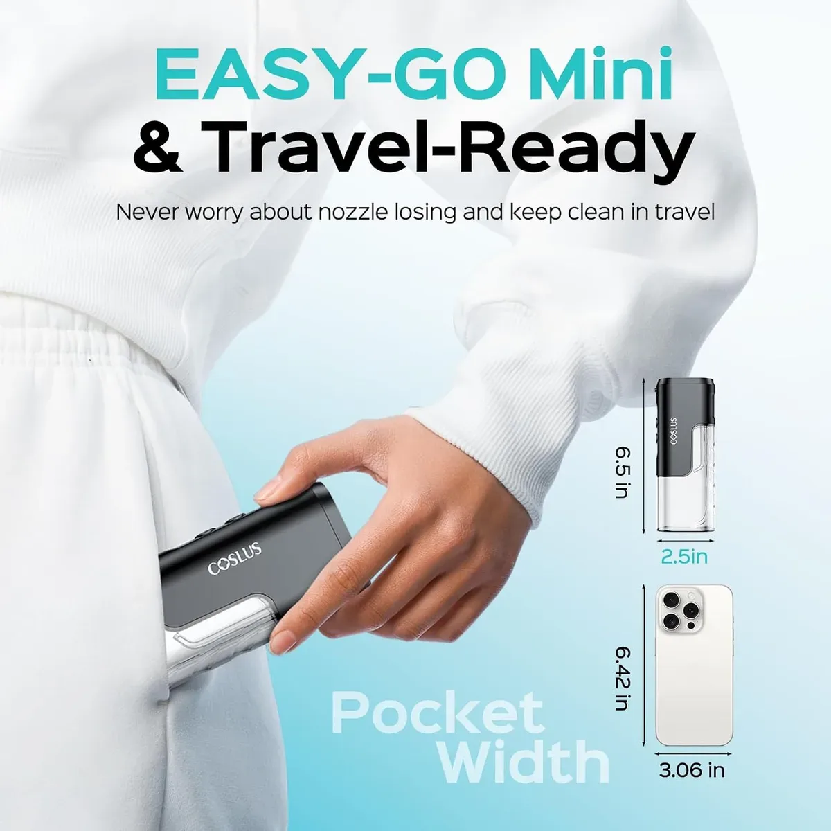 Travel water flosser held in one hand to show its size
