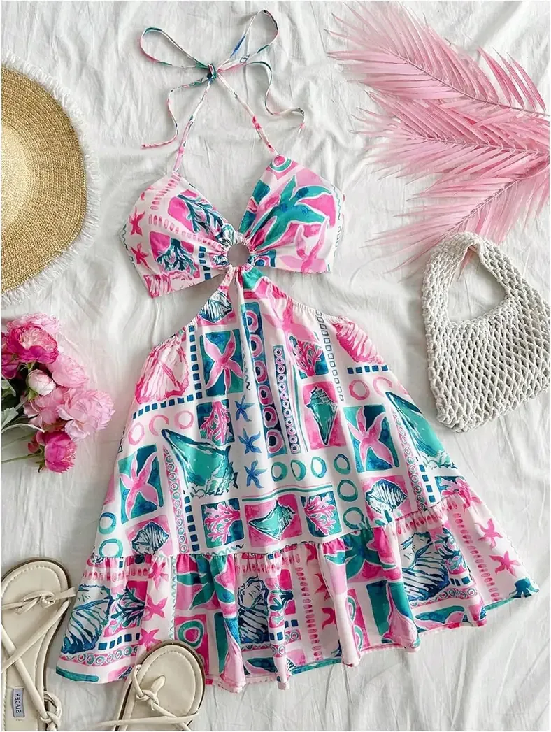 Boho floral print up close on the floral halter sundress