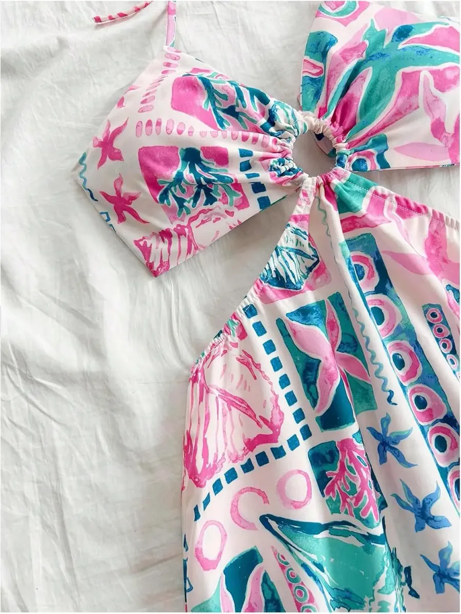 Bow and cut-out detail on the floral halter sundress