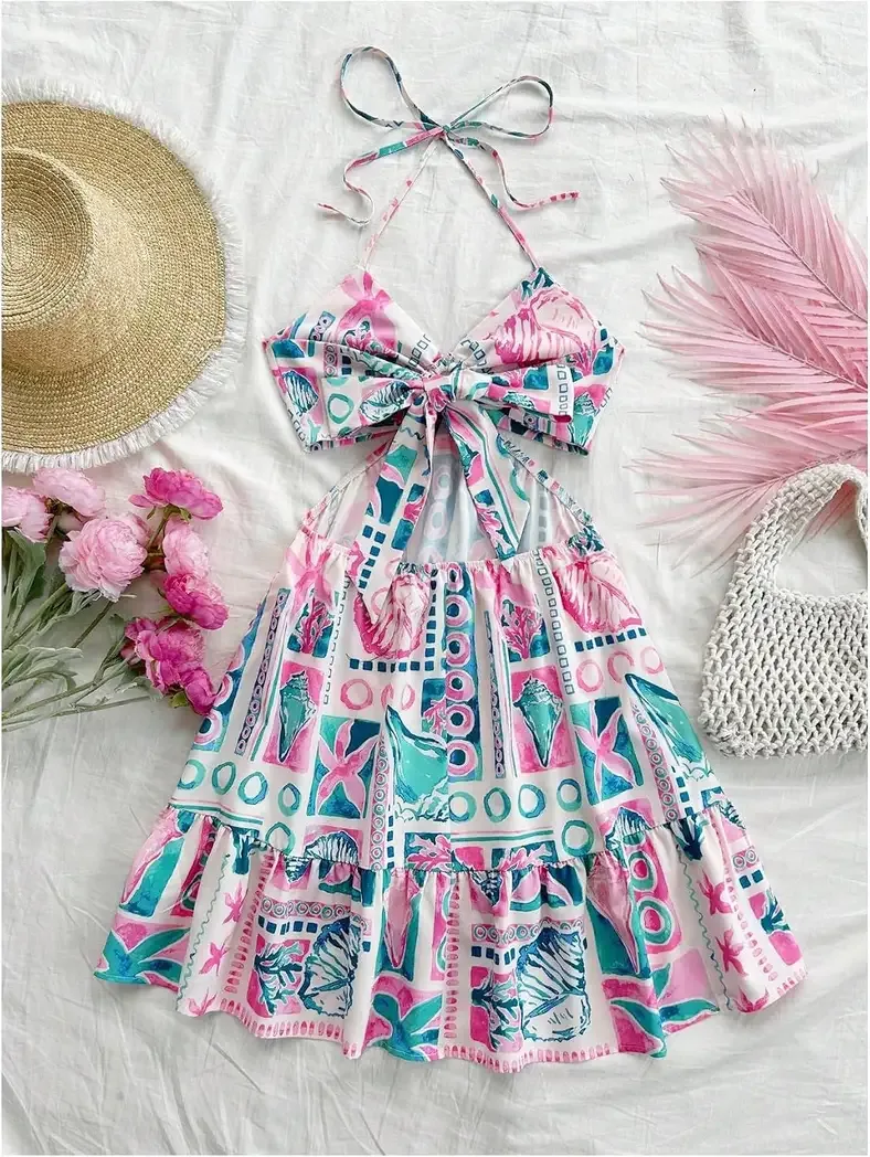Flat lay of the full floral halter sundress