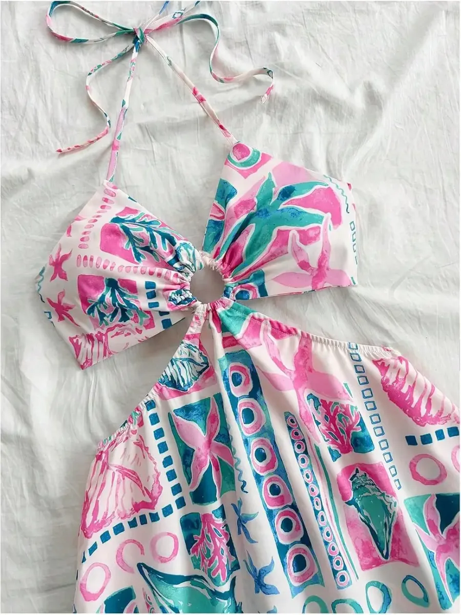 Halter neckline and ring detail of the floral halter sundress