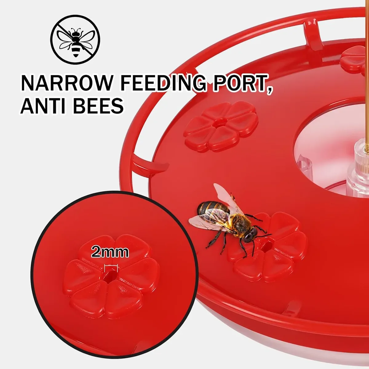 Narrow ports on the saucer hummingbird feeder that keep bees out