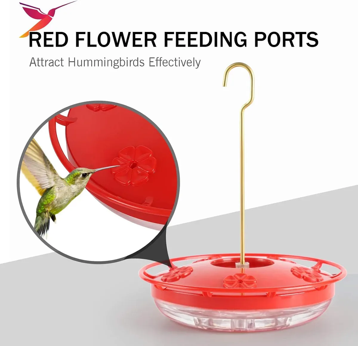 Red flower feeding ports on the saucer hummingbird feeder