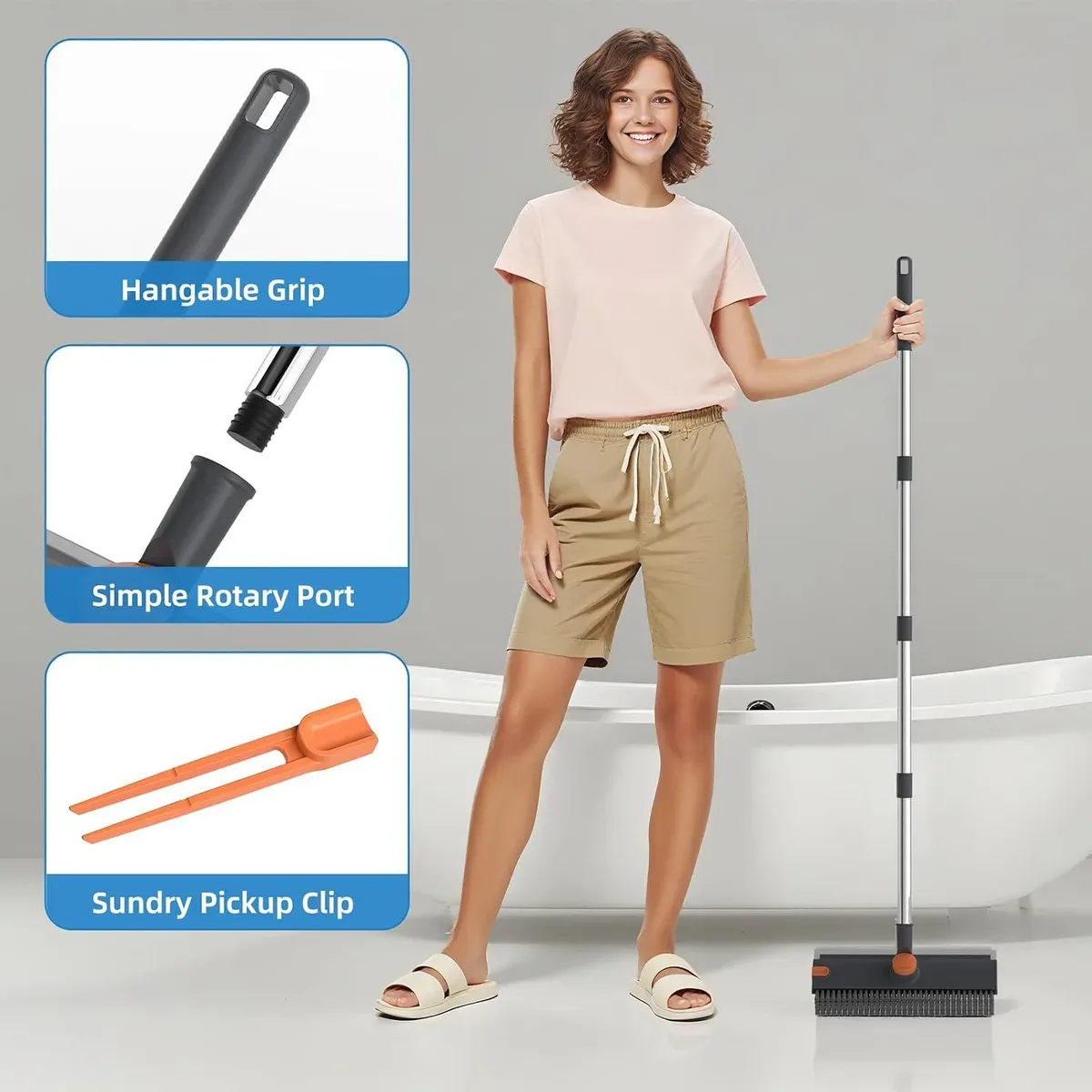 Hang hole and hair pickup clip on the floor scrub brush with long handle