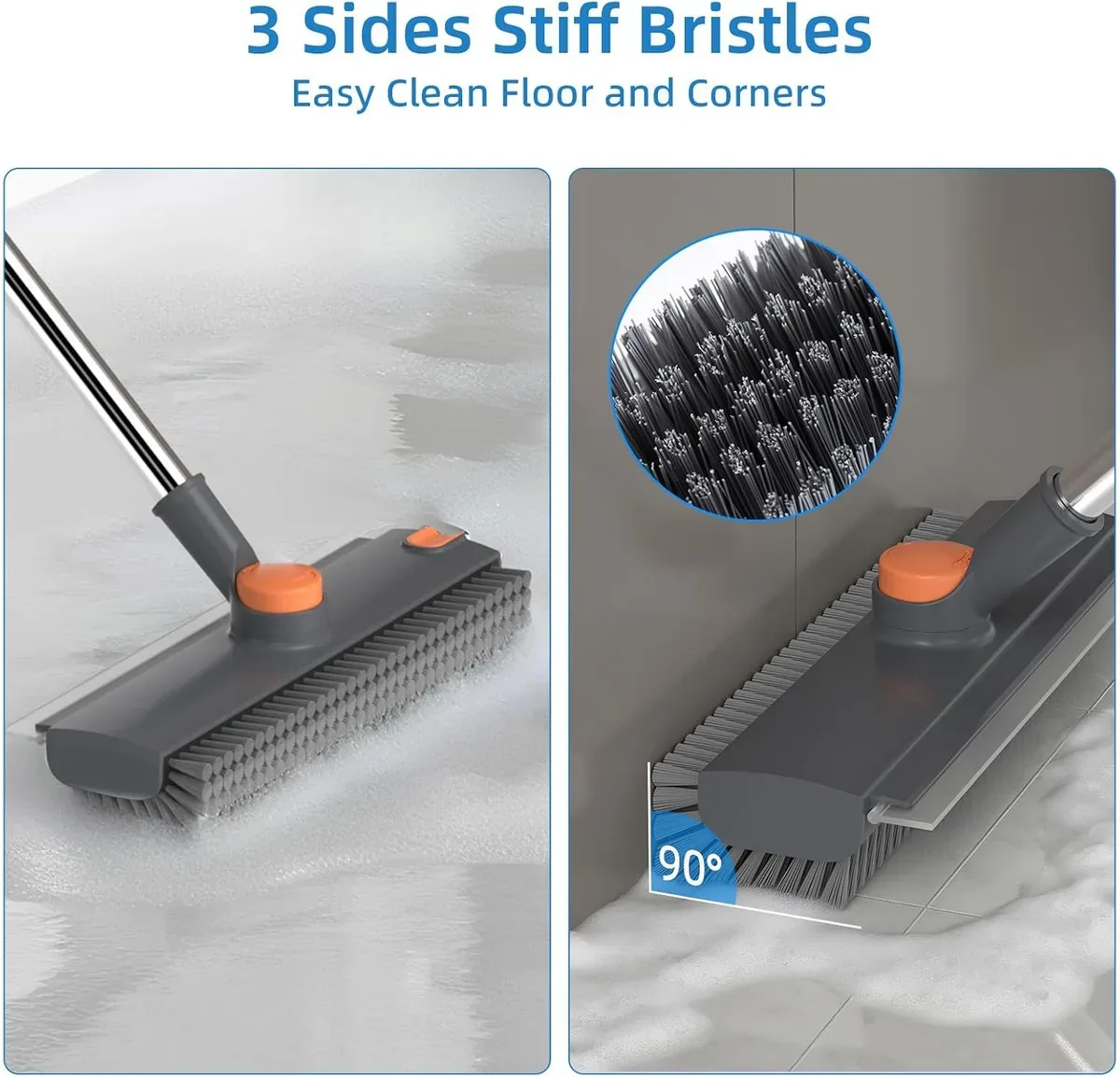 Floor scrub brush with long handle showing stiff bristles on three sides