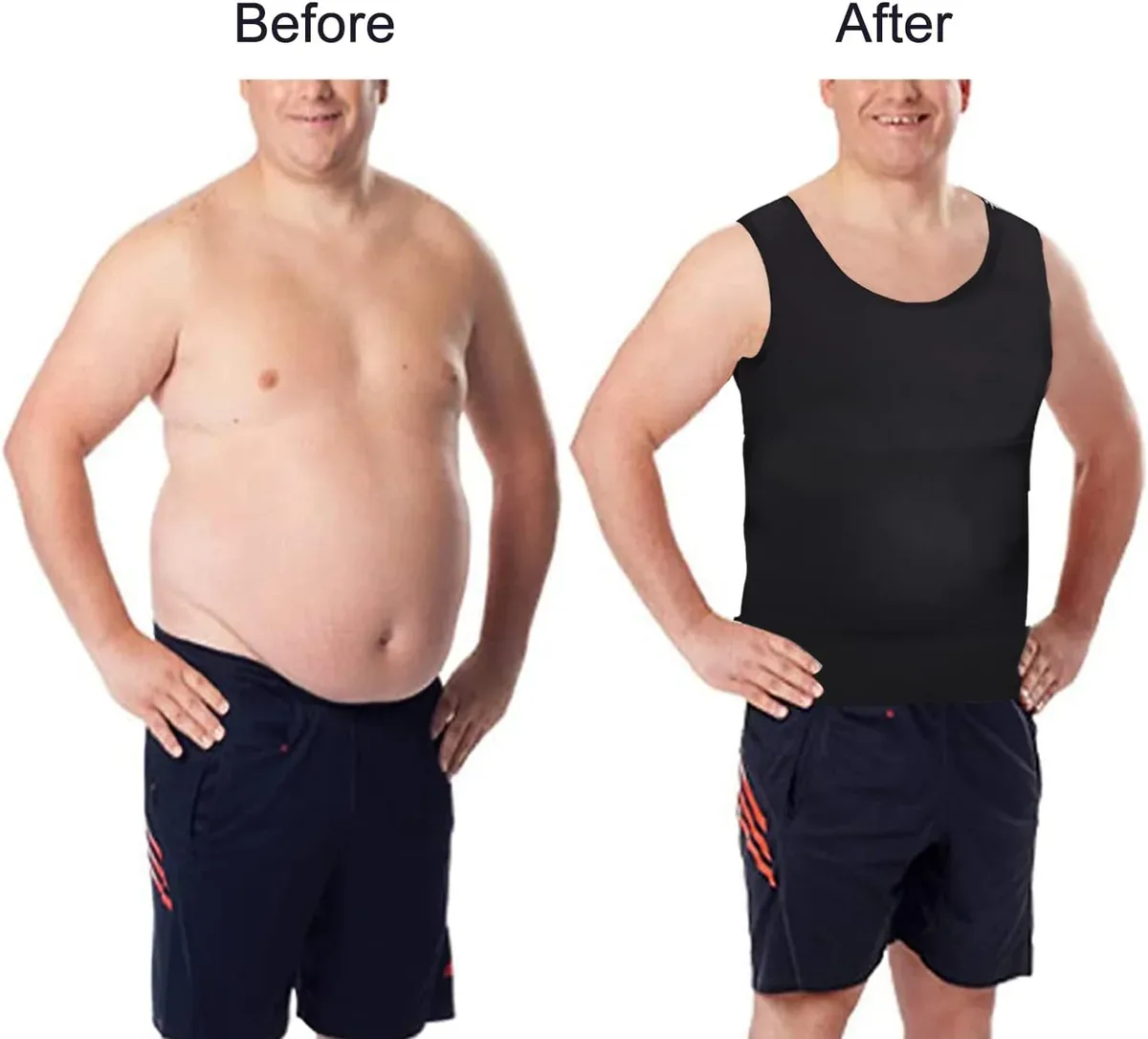 Before and after wearing the slimming compression vest