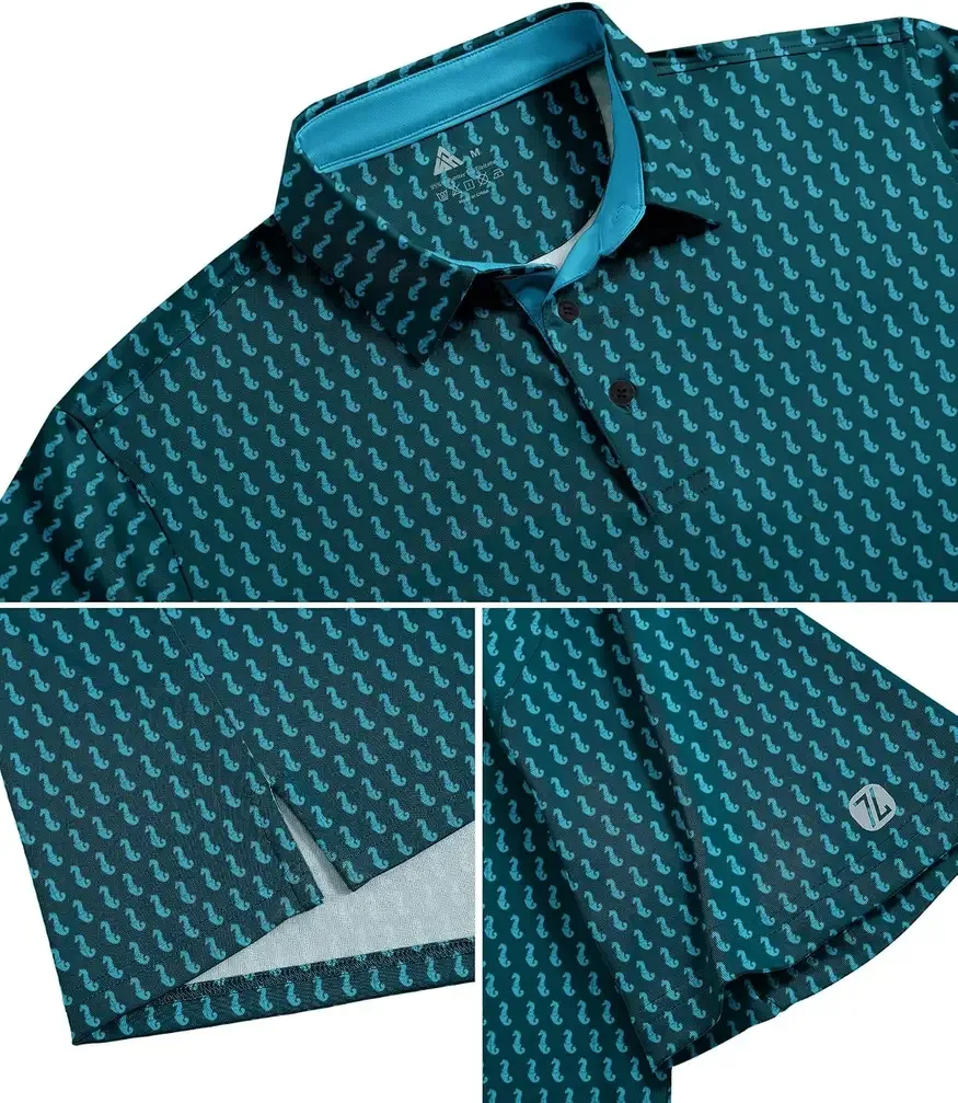 Collar and print details of the printed golf polo shirt