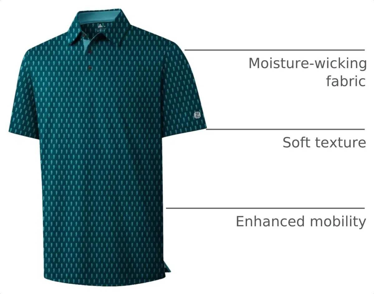 Moisture-wicking stretch features of the printed golf polo shirt