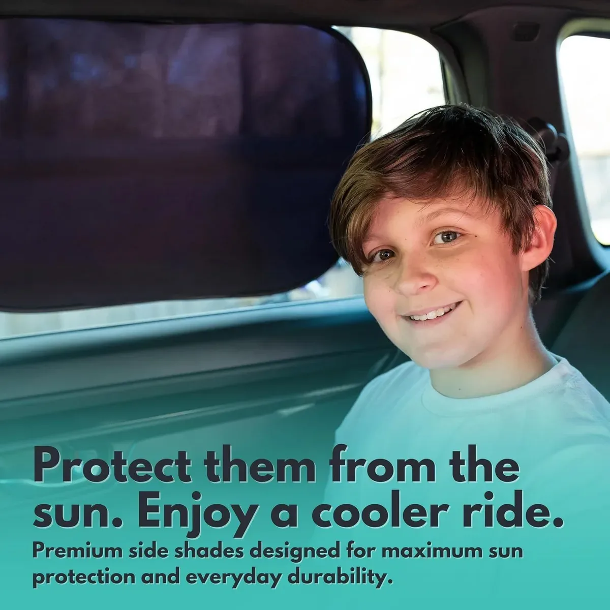 Child riding in the shade of car window sun shades