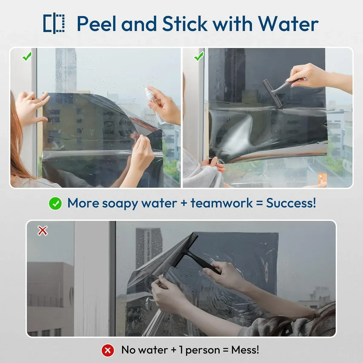 Applying one way window film to wet glass and peeling the backing