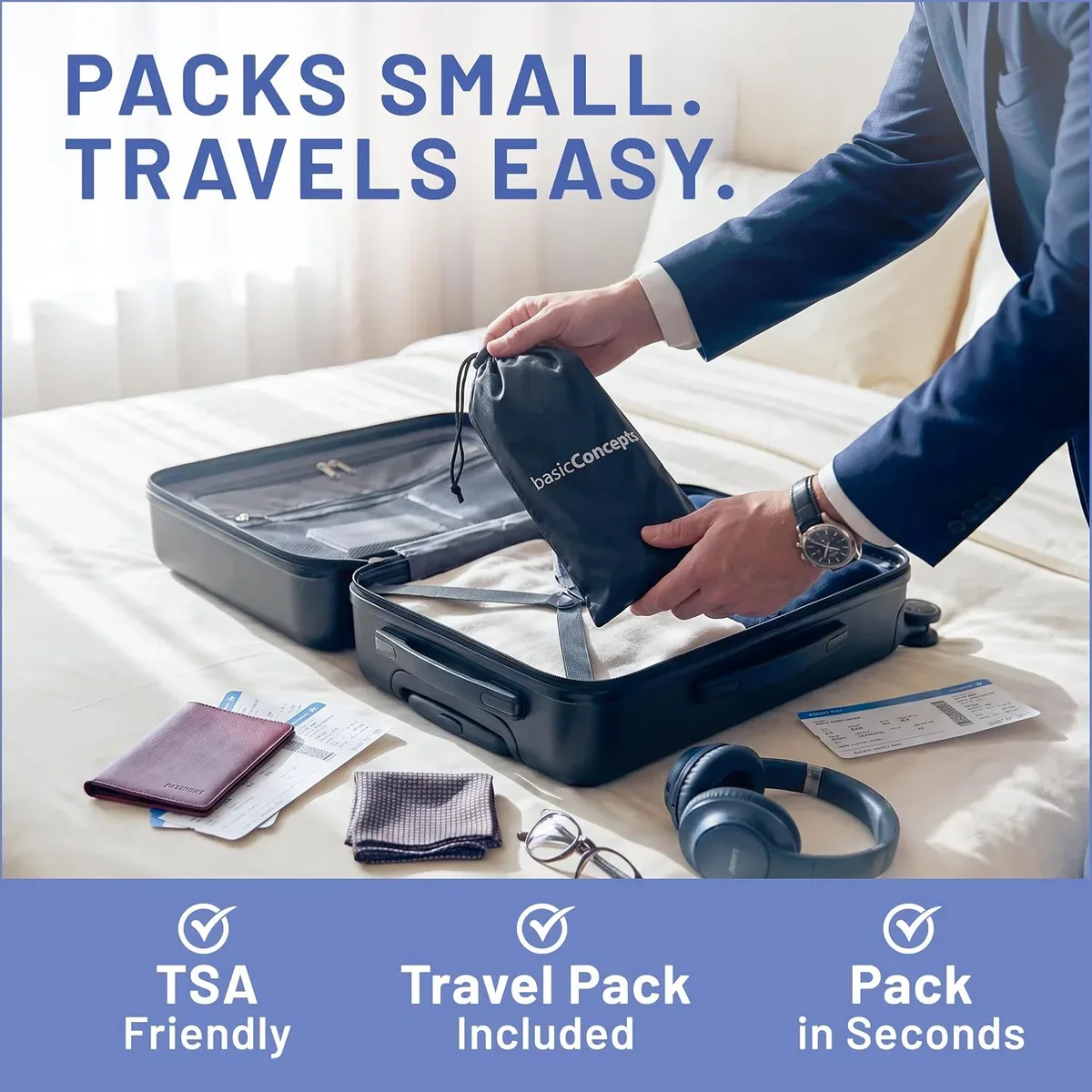 Airplane foot hammock rolled up beside its travel pouch