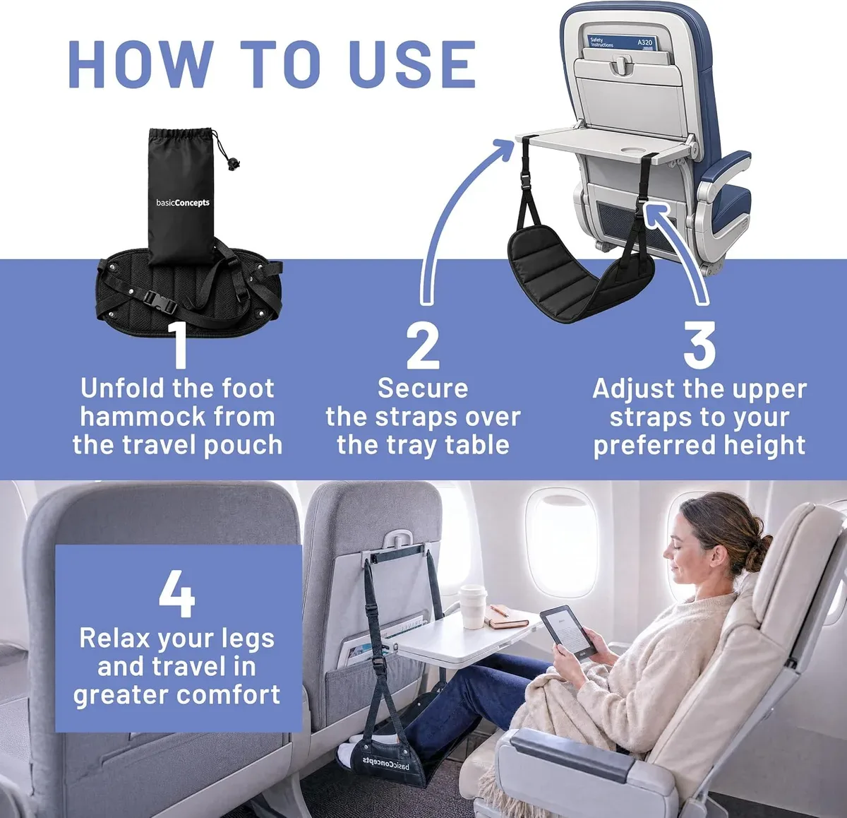 Four steps to set up the airplane foot hammock