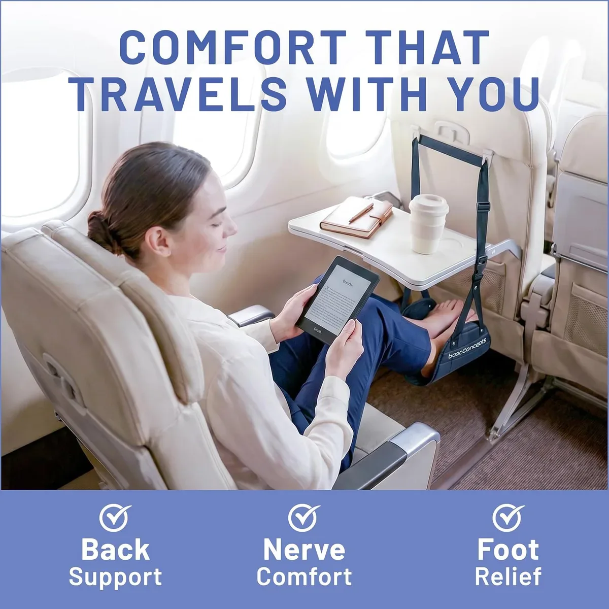 Traveler resting her feet in an airplane foot hammock