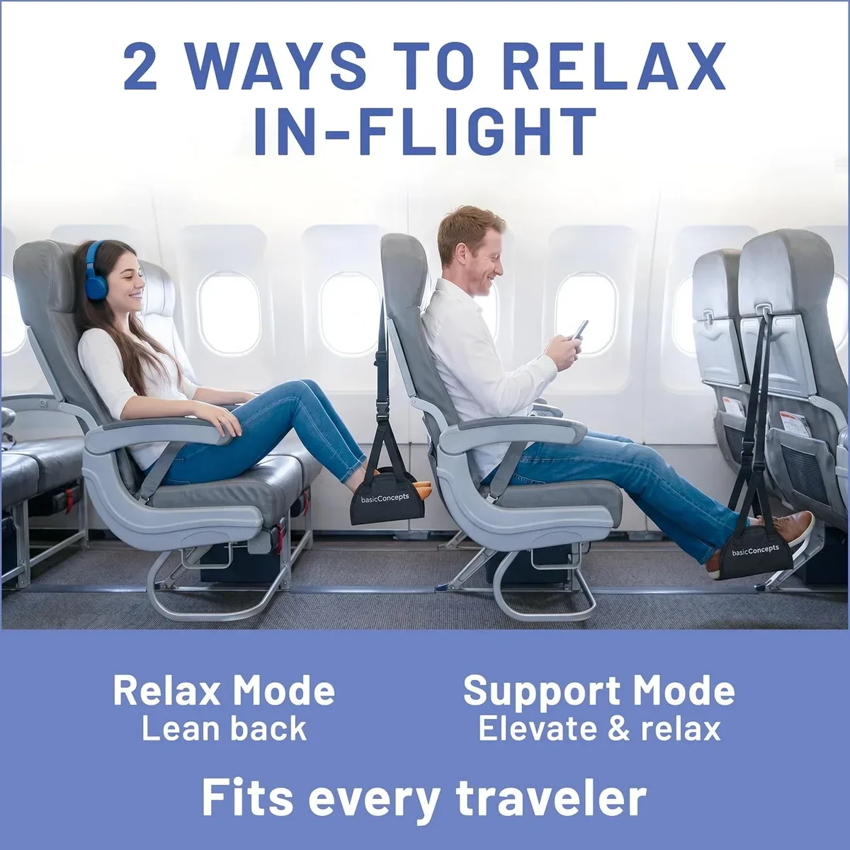 Two ways to rest your legs in the airplane foot hammock
