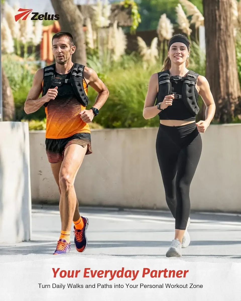 Couple walking outdoors wearing a weighted vest each