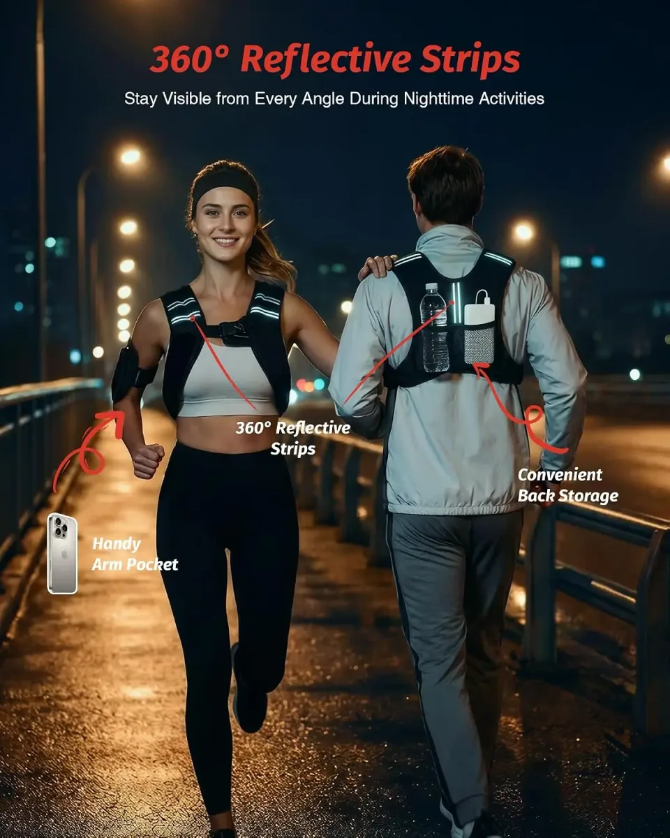 Reflective stripes on the weighted vest glowing at night