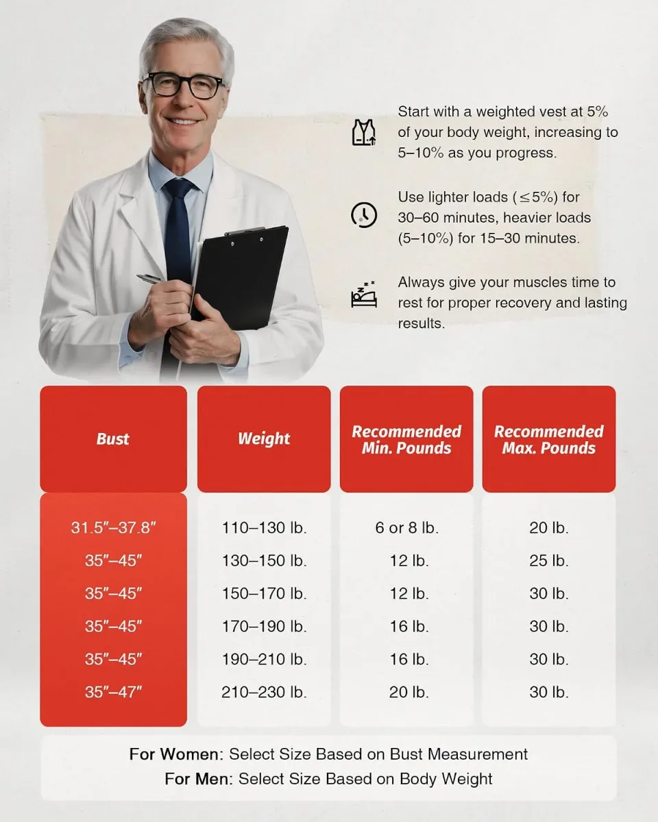 Weighted vest size and weight guide by body weight