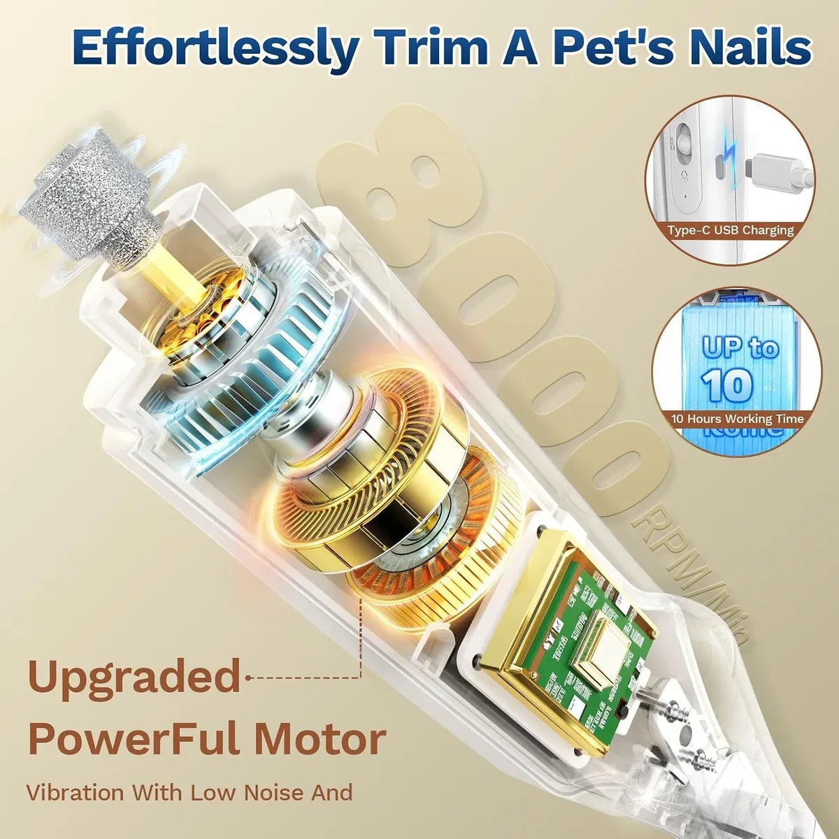 Dog nail clipper and grinder motor smoothing a nail edge