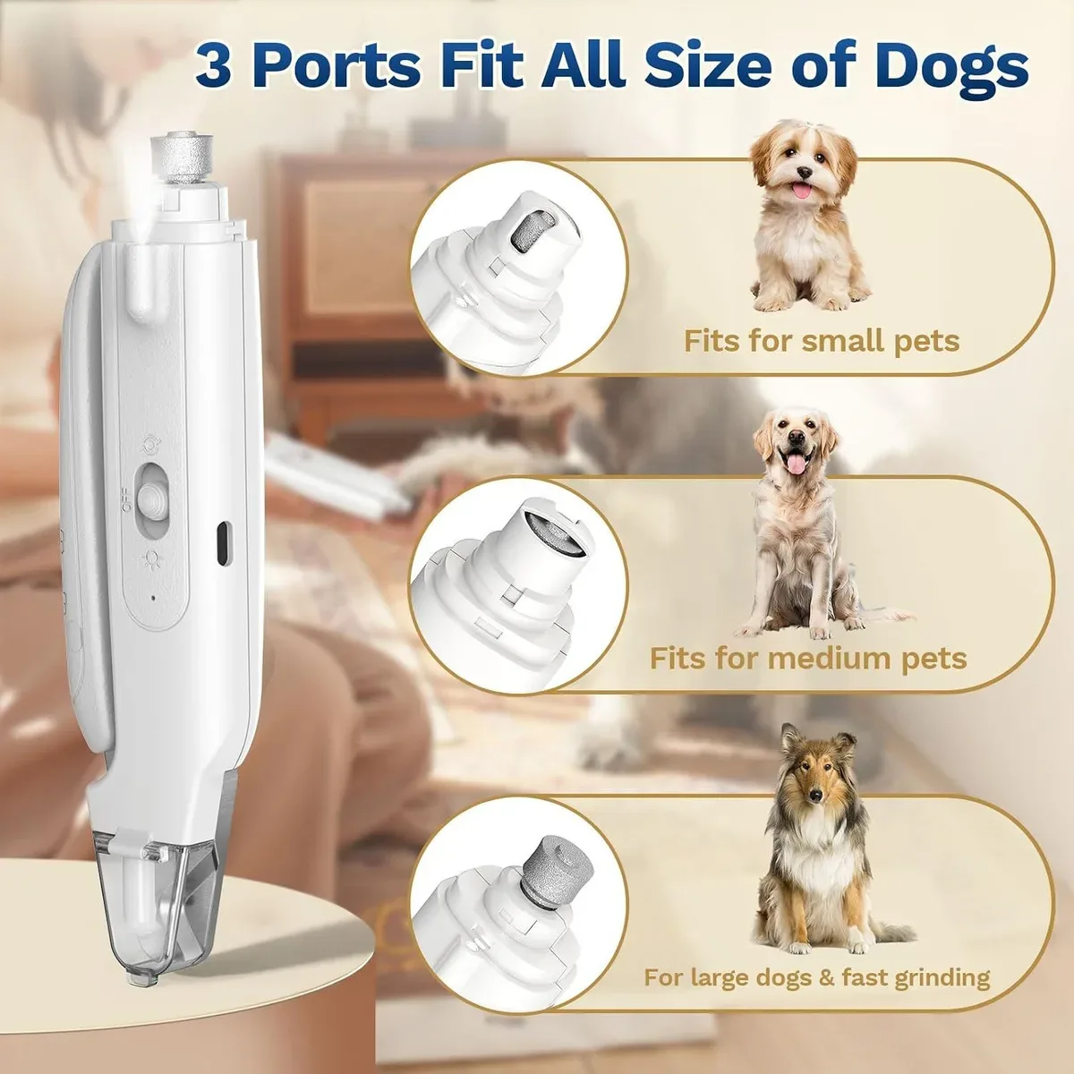Three grinding ports on the dog nail clipper and grinder