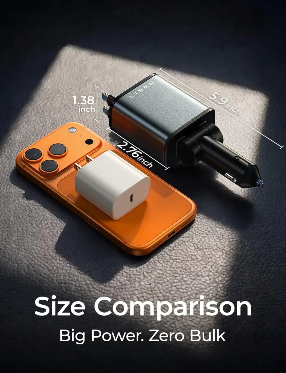 Compact retractable car charger compared for size