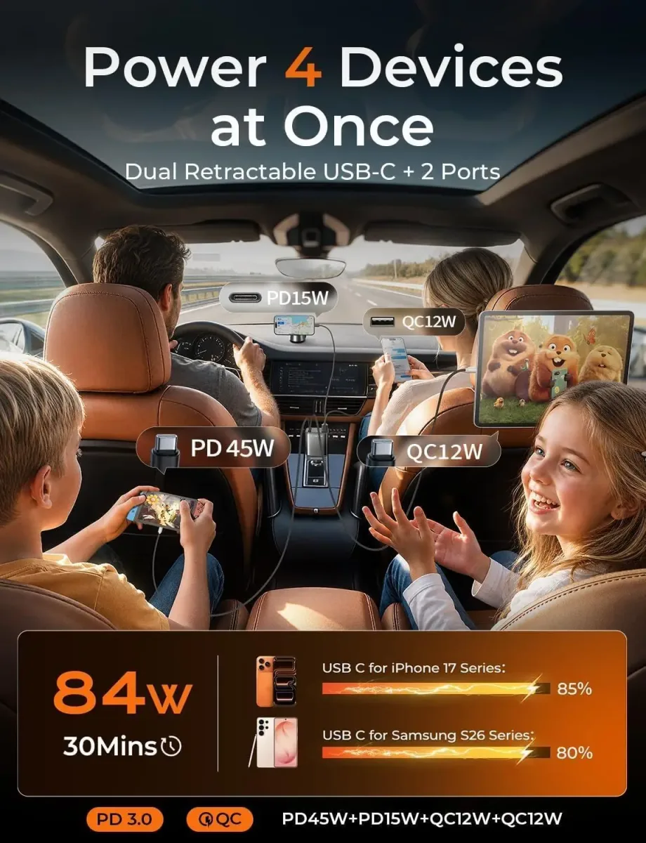 Retractable car charger charging four devices together