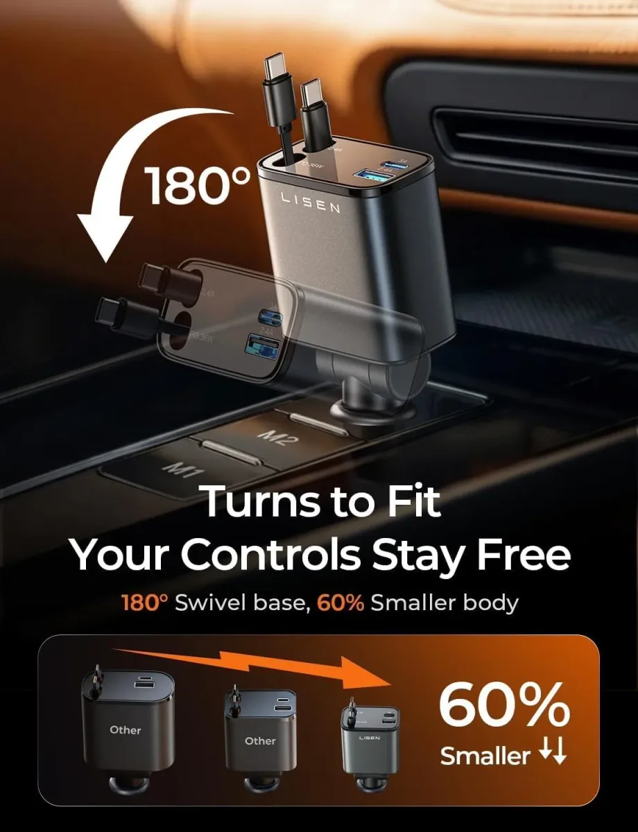 Retractable car charger swivel base turning 180 degrees