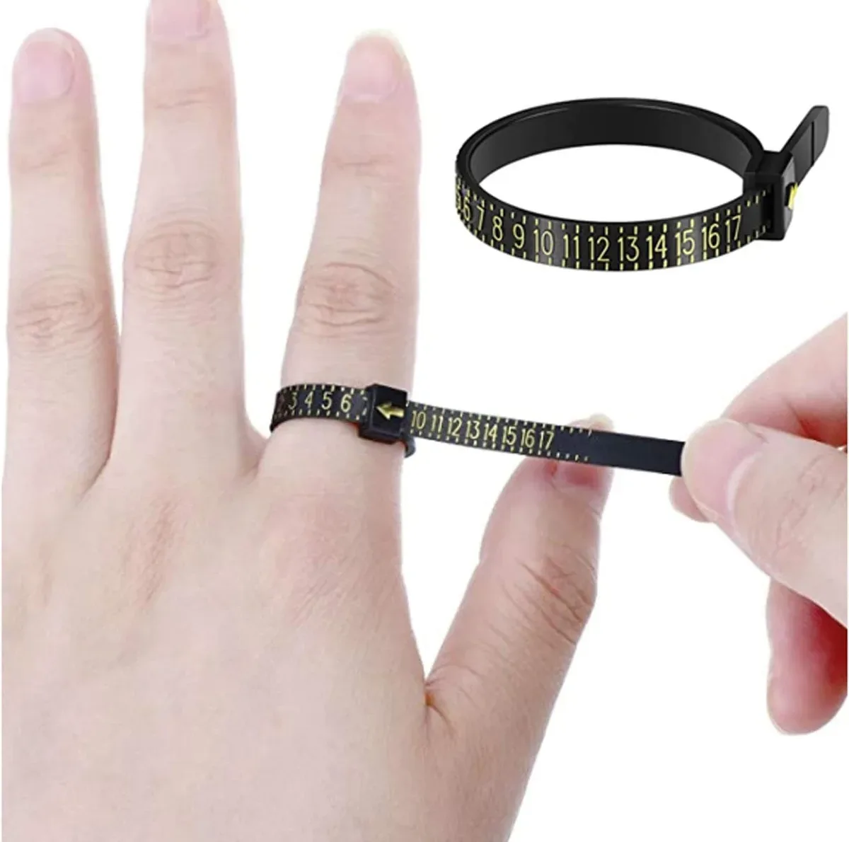 Reusable ring sizer shown next to a hand for scale