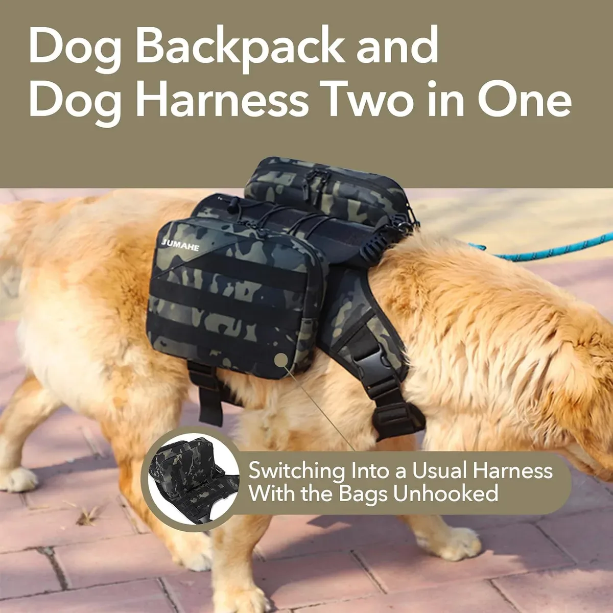 Dog hiking backpack with side bags removed to become a harness