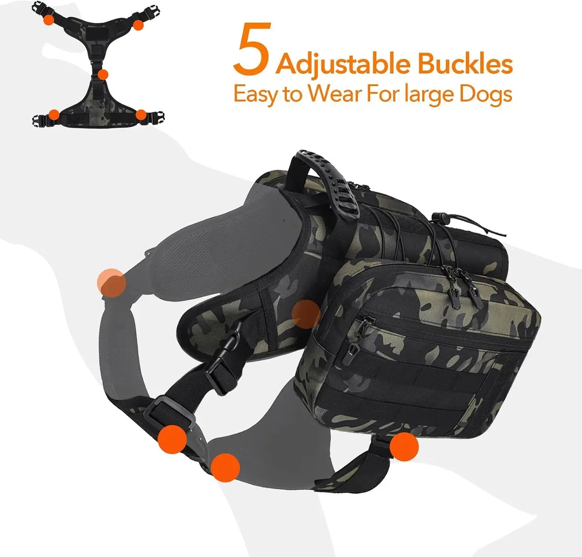 Five adjustable buckles on the dog hiking backpack harness