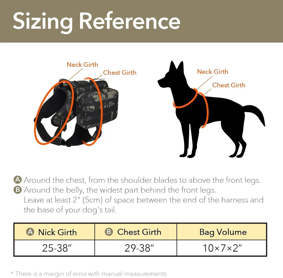 Sizing guide showing where to measure for the dog hiking backpack