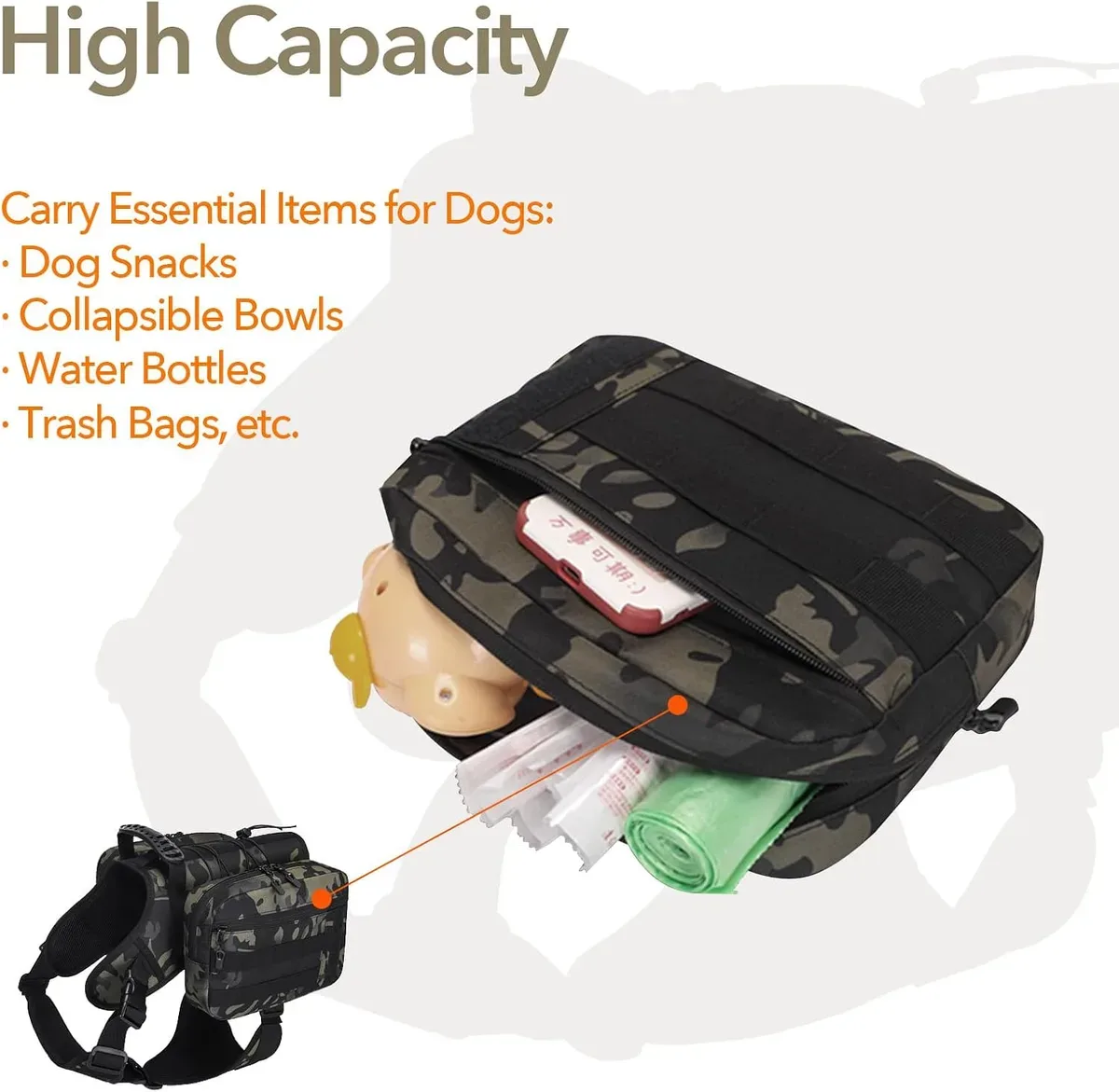 Water, food and treats packed in the dog hiking backpack side bags