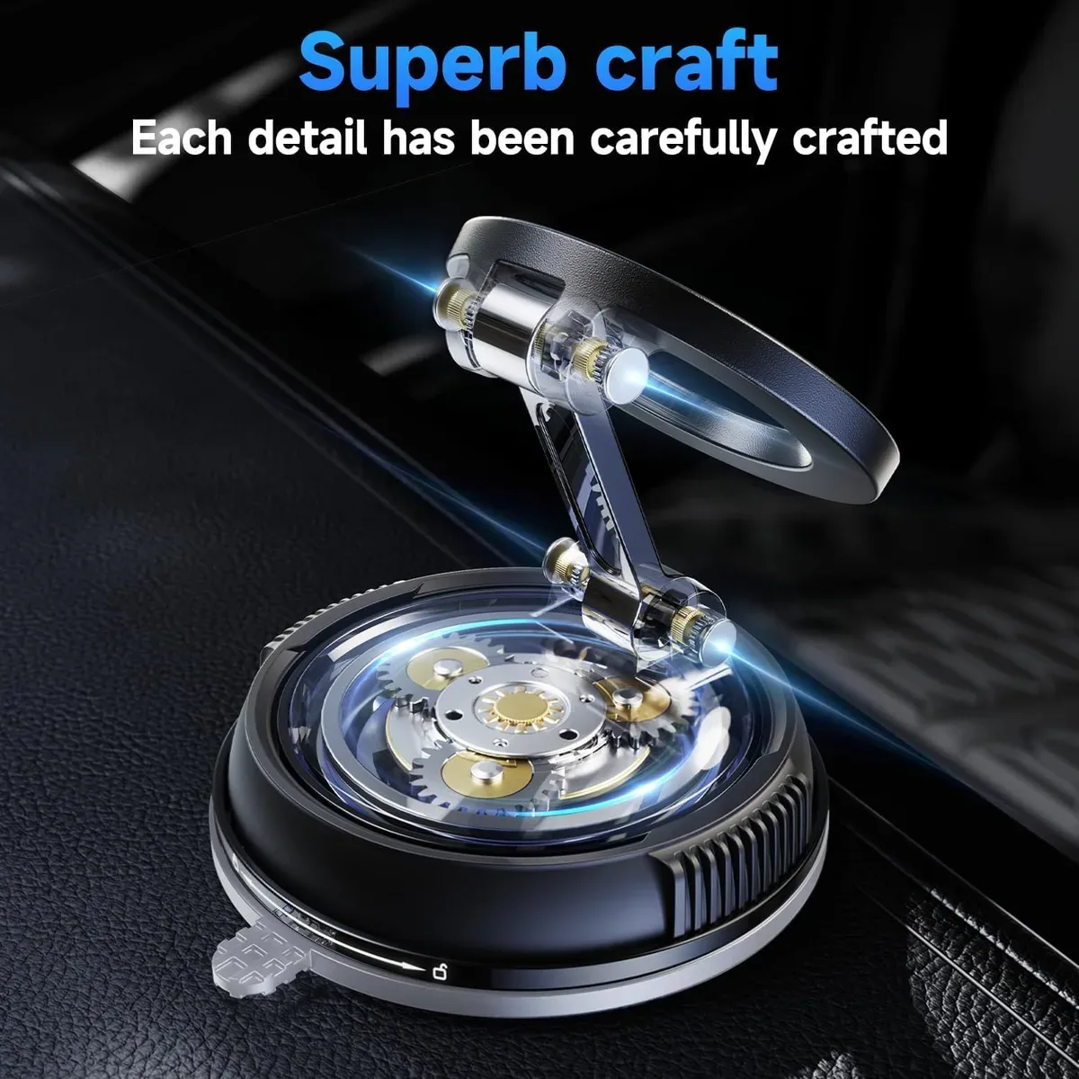 Folding arm and suction base detail of the magnetic car phone mount