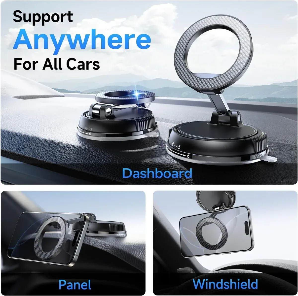 Magnetic car phone mount placed on a dashboard, panel and windshield