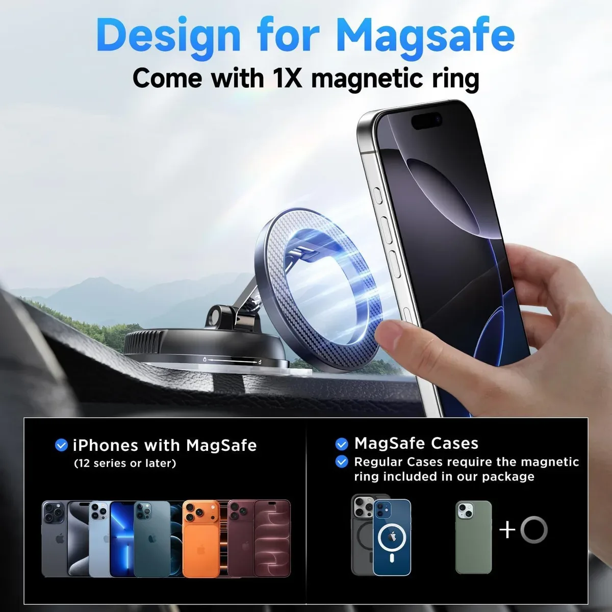 Magnetic car phone mount with a magnetic phone and the included ring