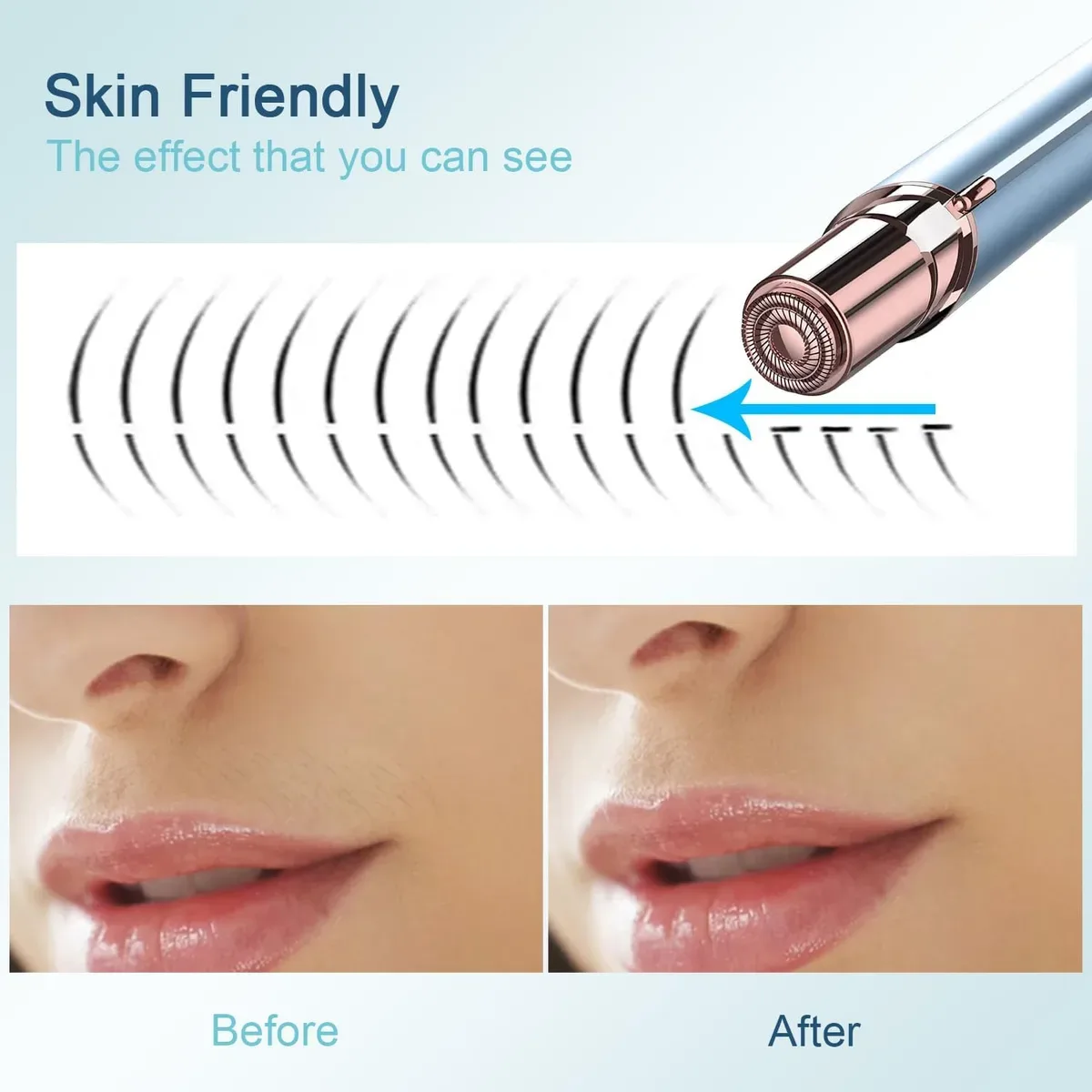 Upper lip before and after using the facial hair remover