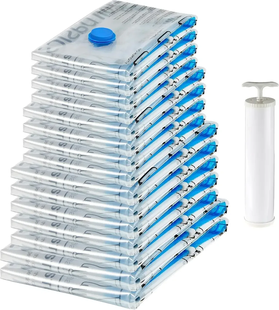 Assorted pack of vacuum storage bags laid out by size