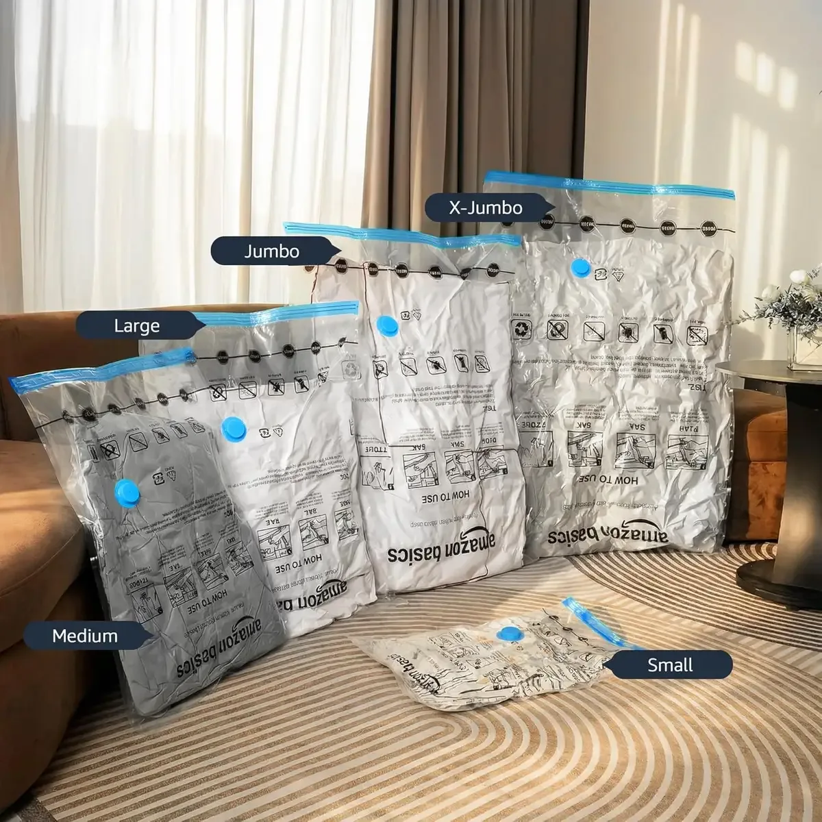 Vacuum storage bags in medium, large, jumbo and x-jumbo sizes