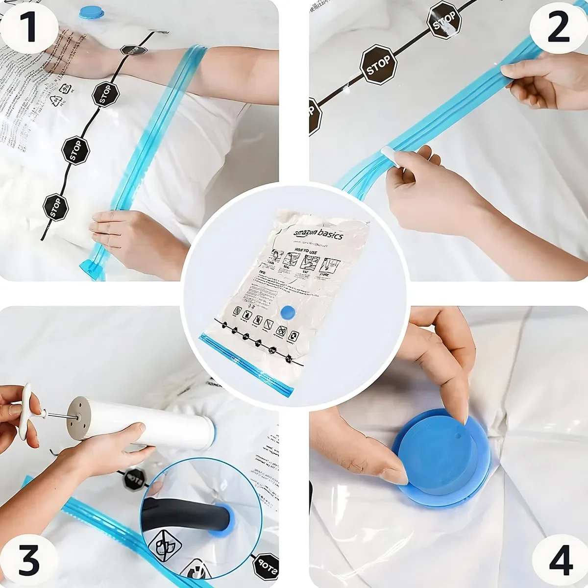 Four steps to fill, zip, pump and cap vacuum storage bags