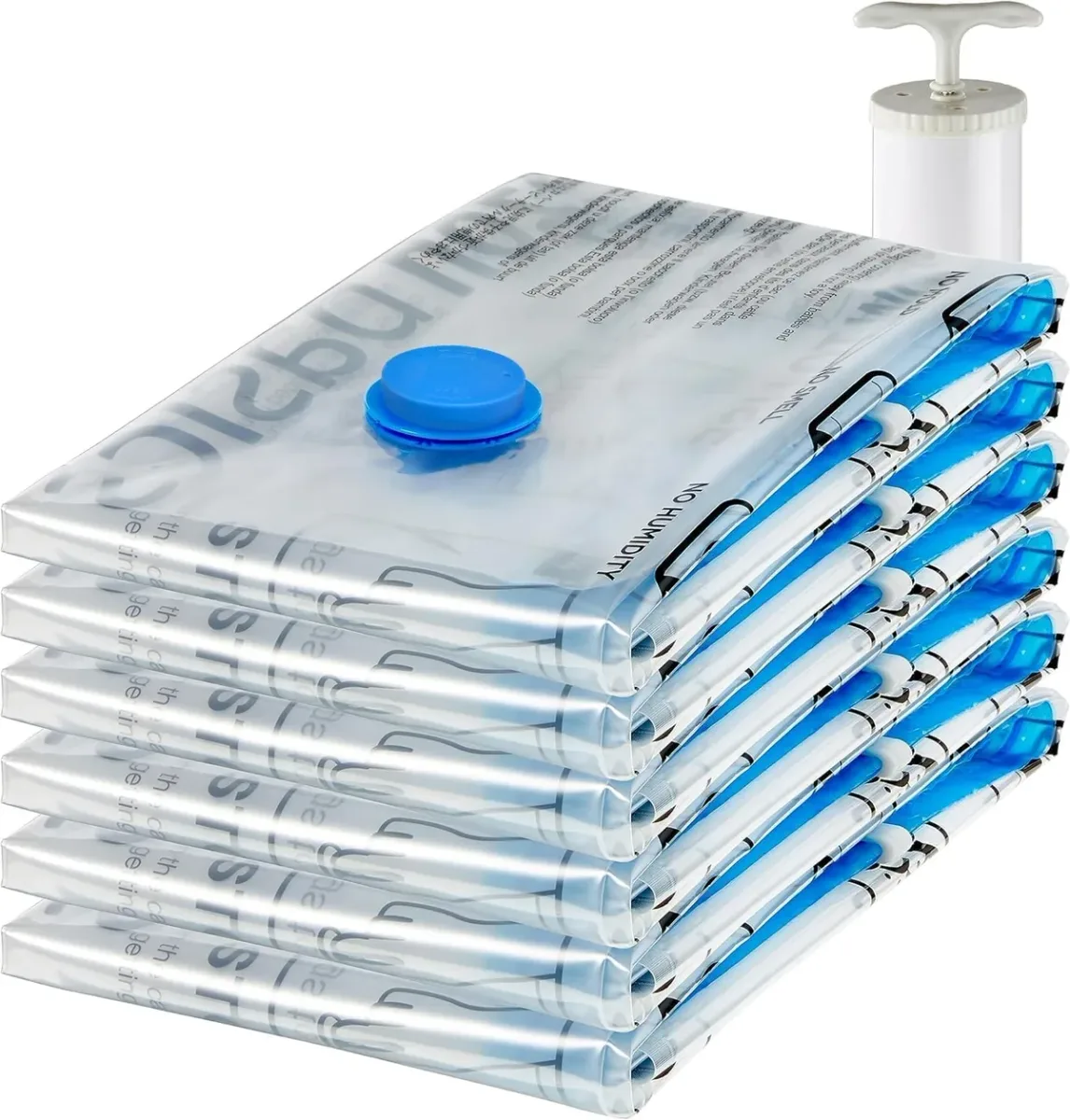 Flat stack of reusable vacuum storage bags beside the hand pump