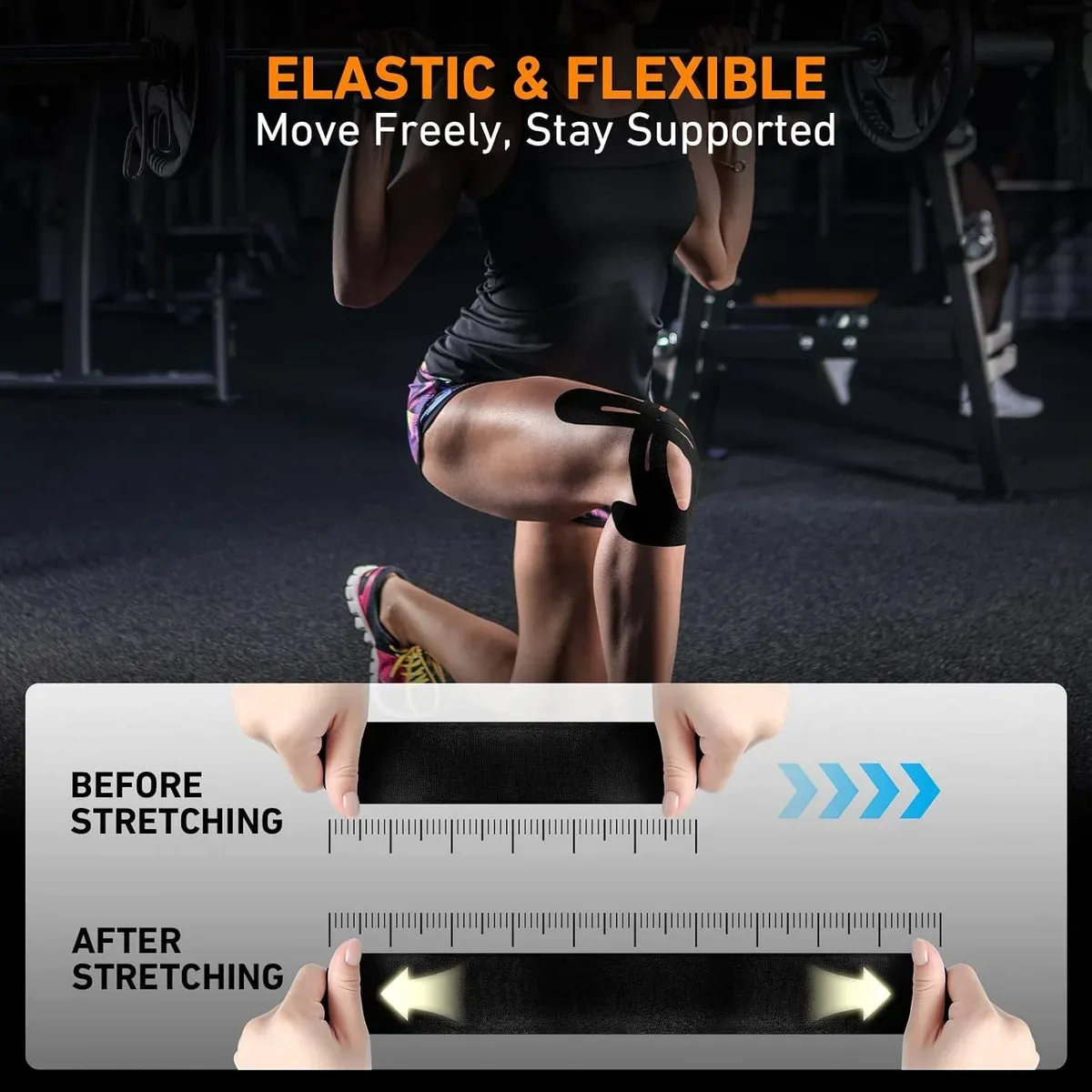 Elastic kinesiology tape for knee flexing with movement