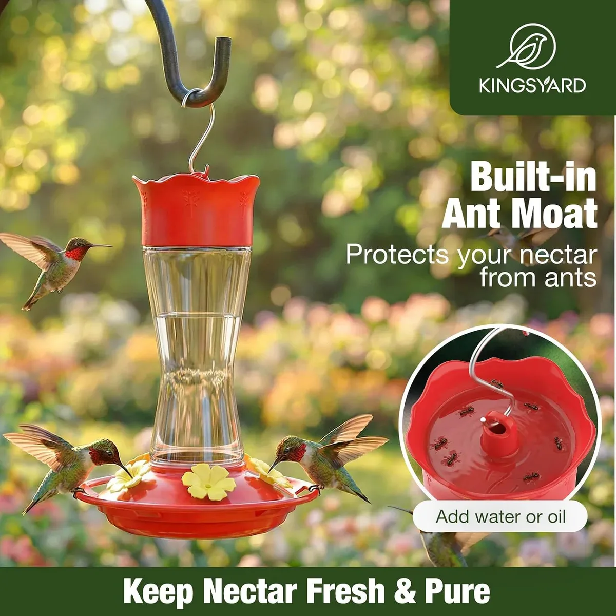 Water-filled ant moat on top of the glass hummingbird feeder