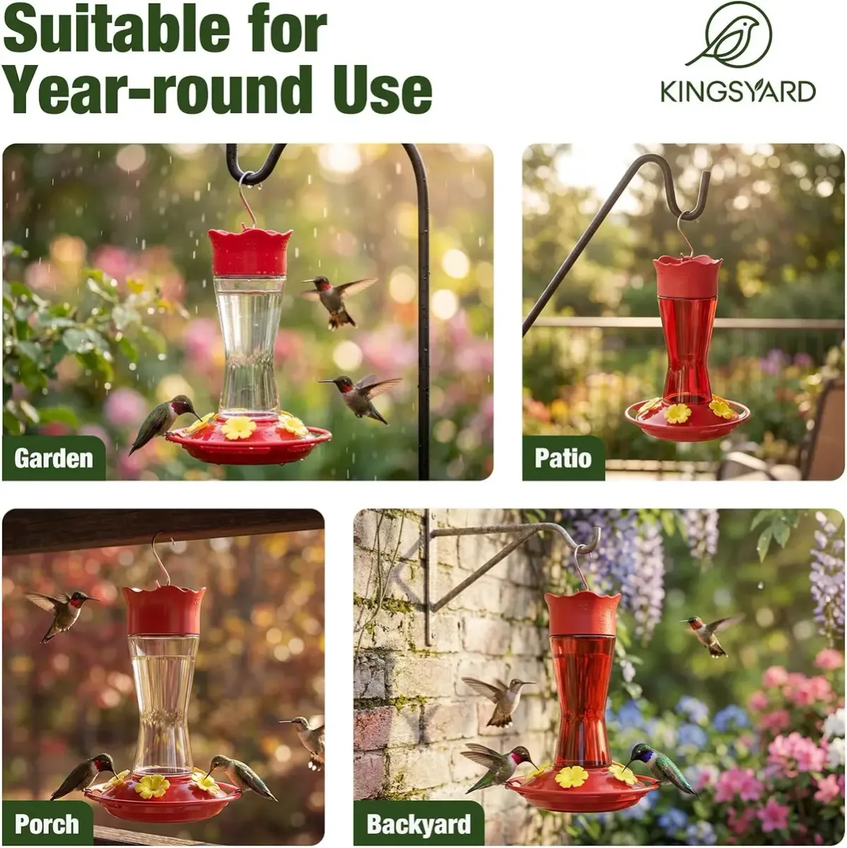 Glass hummingbird feeder hung in a garden, patio and backyard
