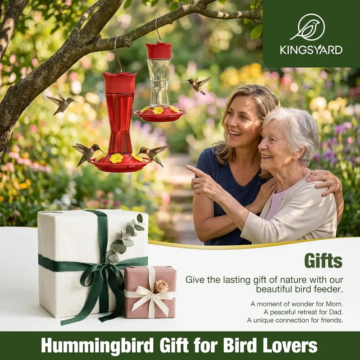 Glass hummingbird feeder presented as a gift for a bird lover