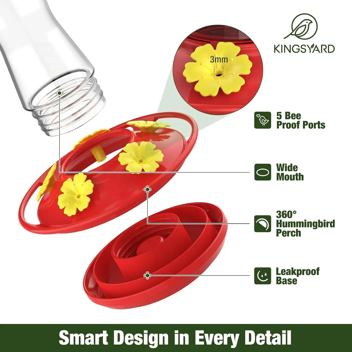 Bee-proof flower ports and round perch on the glass hummingbird feeder