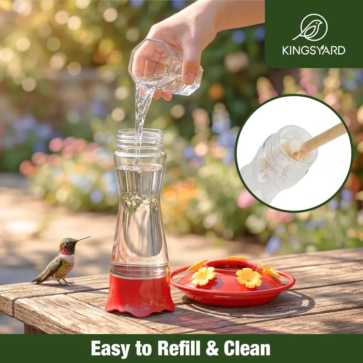 Pouring nectar into the wide mouth of the glass hummingbird feeder